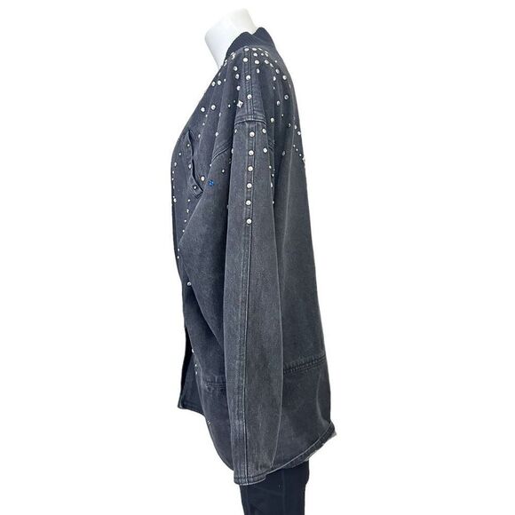 TRASH CLOTHING Vintage 90s Black Acid Washed‎ Studded & Beaded Denim Jacket sz L - Picture 6 of 9